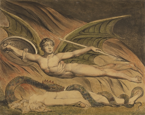 a painting of Satan with batlike wings hovering over Eve